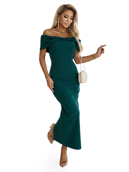 numoco Секси миди рокля с панделка на деколтето - тъмно зелено