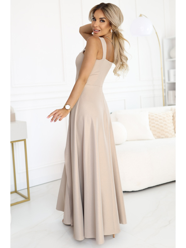 numoco AURELIA дълга рокля с цепка и диамантено деколте - бежово с блестки