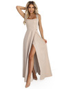 numoco AURELIA дълга рокля с цепка и диамантено деколте - бежово с блестки