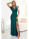 numoco IRINA Блестяща дълга рокля с брокат, V-образно деколте и цепка - бутилково зелено