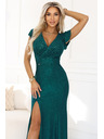 numoco IRINA Блестяща дълга рокля с брокат, V-образно деколте и цепка - бутилково зелено