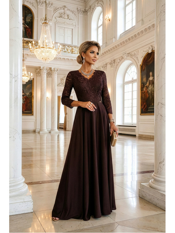 numoco AMBER елегантна дълга дантелена рокля с деколте - шоколадово