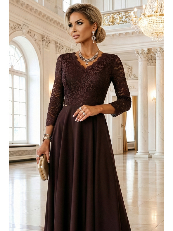 numoco AMBER елегантна дълга дантелена рокля с деколте - шоколадово