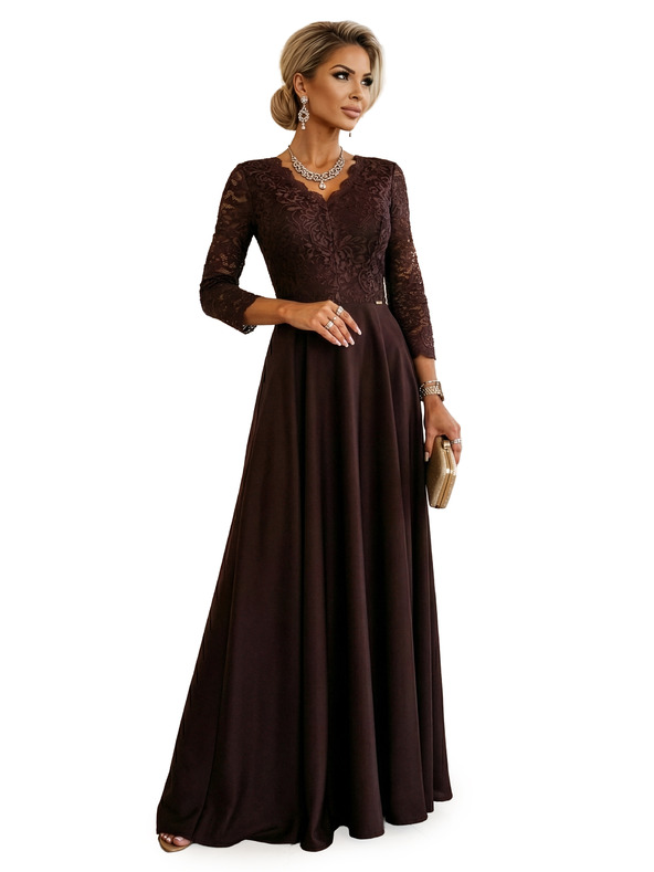 numoco AMBER елегантна дълга дантелена рокля с деколте - шоколадово