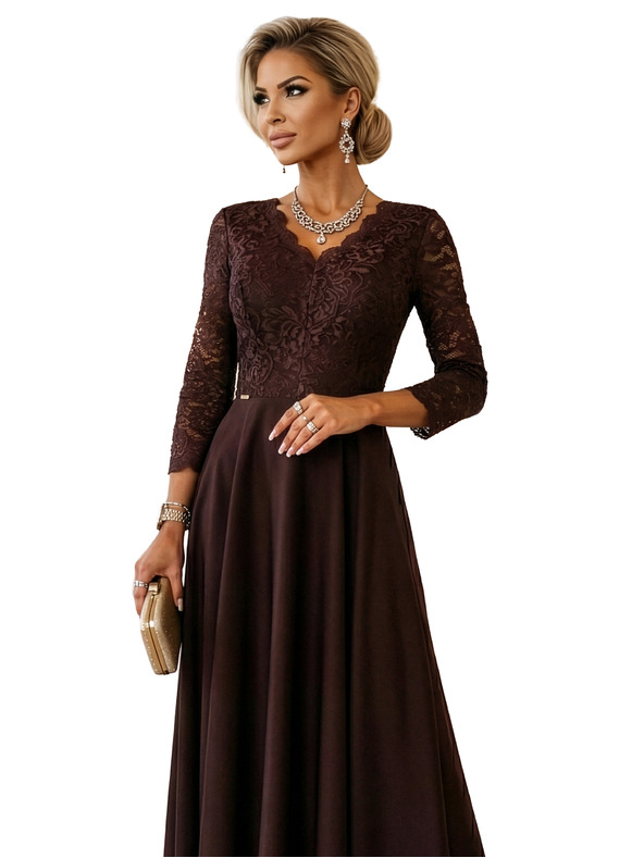 numoco AMBER елегантна дълга дантелена рокля с деколте - шоколадово