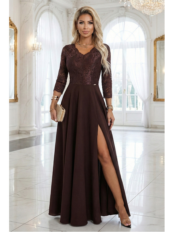 numoco AMBER елегантна дълга дантелена рокля с деколте - шоколадово