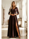numoco AMBER елегантна дълга дантелена рокля с деколте - шоколадово