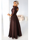 numoco AMBER елегантна дълга дантелена рокля с деколте - шоколадово
