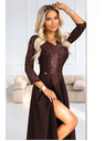 numoco AMBER елегантна дълга дантелена рокля с деколте - шоколадово
