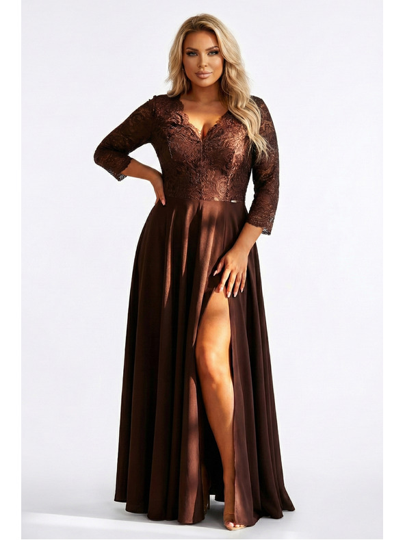 numoco AMBER елегантна дълга дантелена рокля с деколте - шоколадово