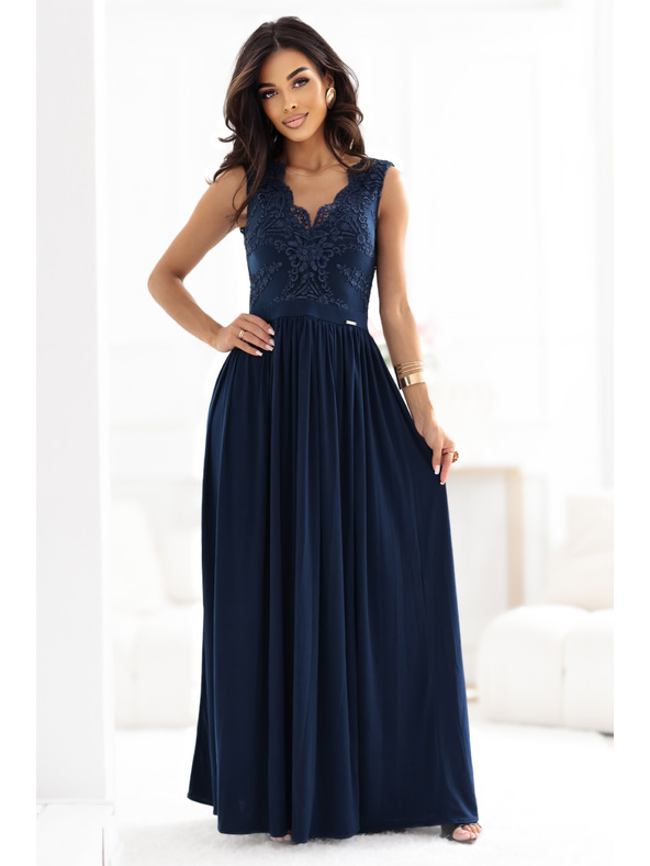 numoco LEA Дълга елегантна макси рокля с дантелена горна част и цепка - тъмно синьо