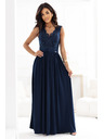numoco LEA Дълга елегантна макси рокля с дантелена горна част и цепка - тъмно синьо