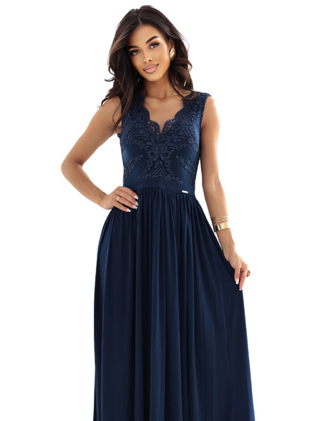numoco LEA Дълга елегантна макси рокля с дантелена горна част и цепка - тъмно синьо