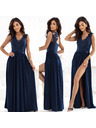 numoco LEA Дълга елегантна макси рокля с дантелена горна част и цепка - тъмно синьо