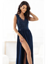 numoco LEA Дълга елегантна макси рокля с дантелена горна част и цепка - тъмно синьо