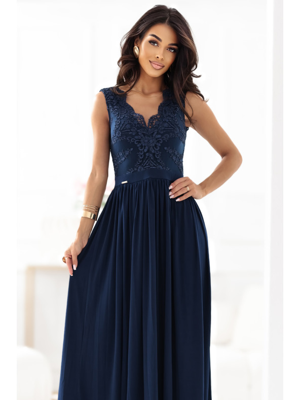 numoco LEA Дълга елегантна макси рокля с дантелена горна част и цепка - тъмно синьо