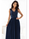 numoco LEA Дълга елегантна макси рокля с дантелена горна част и цепка - тъмно синьо