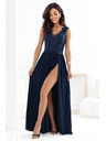 numoco LEA Дълга елегантна макси рокля с дантелена горна част и цепка - тъмно синьо