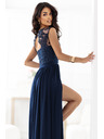 numoco LEA Дълга елегантна макси рокля с дантелена горна част и цепка - тъмно синьо