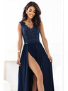 numoco LEA Дълга елегантна макси рокля с дантелена горна част и цепка - тъмно синьо