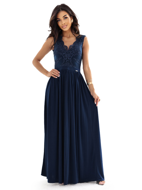 numoco LEA Дълга елегантна макси рокля с дантелена горна част и цепка - тъмно синьо