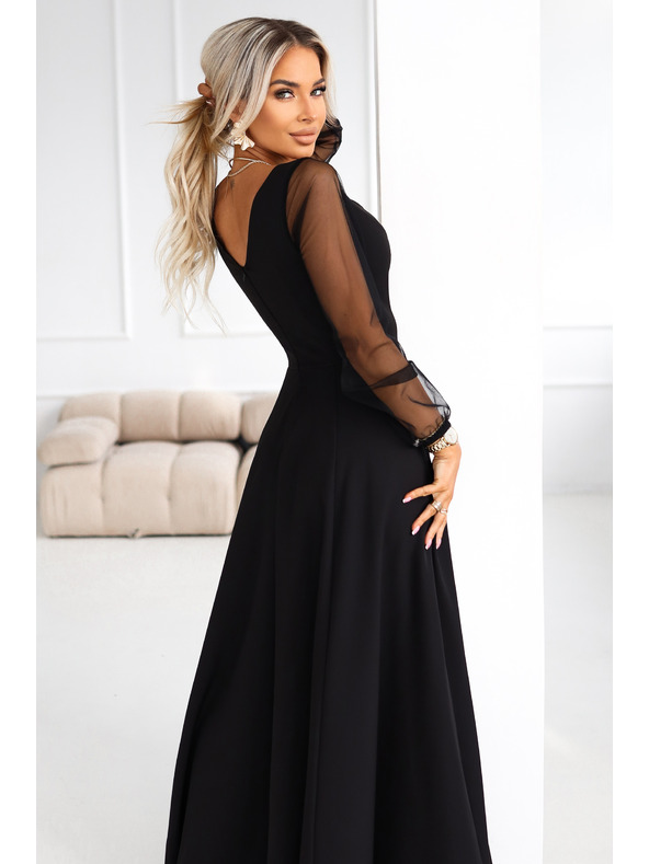 numoco LORETTA уникални дълги рокли с тюлени ръкави и деколте - черно