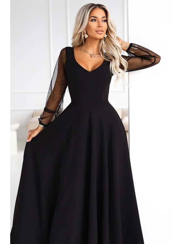 numoco LORETTA уникални дълги рокли с тюлени ръкави и деколте - черно