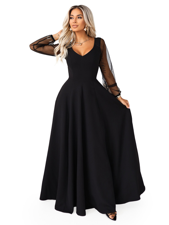 numoco LORETTA уникални дълги рокли с тюлени ръкави и деколте - черно