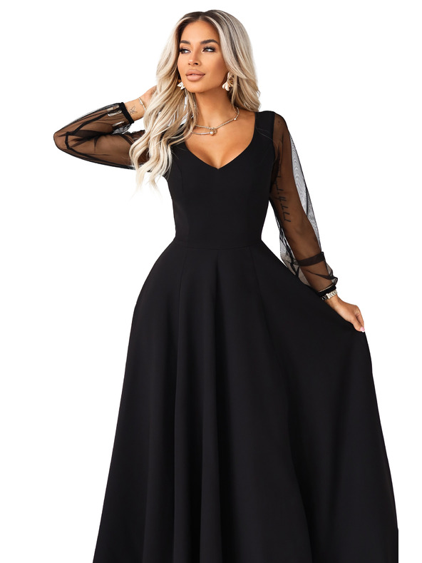 numoco LORETTA уникални дълги рокли с тюлени ръкави и деколте - черно