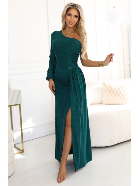 numoco Блестяща макси рокля с едно рамо, асиметрични ръкави и цепка - бутилково зелено