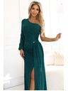 numoco Блестяща макси рокля с едно рамо, асиметрични ръкави и цепка - бутилково зелено