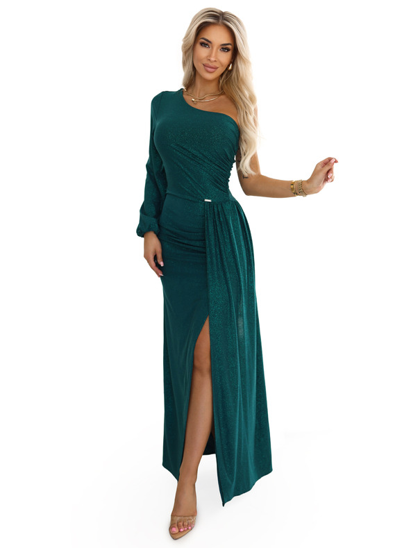 numoco Блестяща макси рокля с едно рамо, асиметрични ръкави и цепка - бутилково зелено