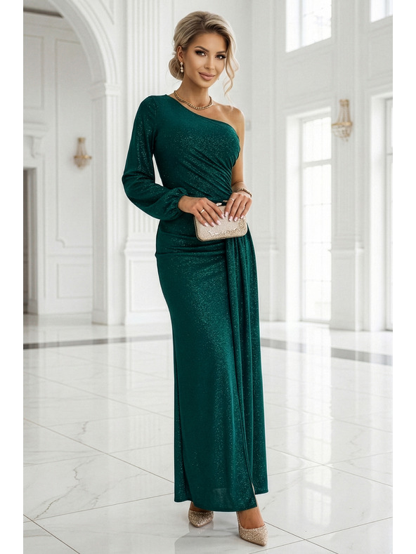 numoco Блестяща макси рокля с едно рамо, асиметрични ръкави и цепка - бутилково зелено