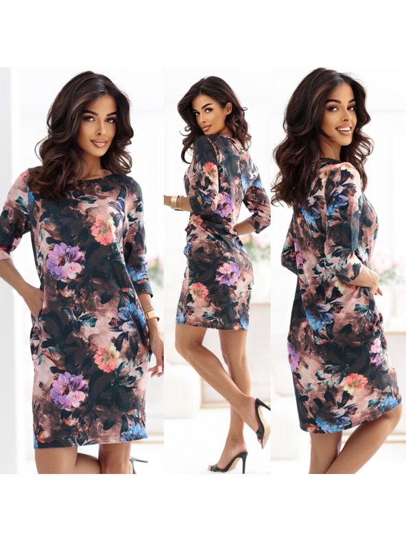 numoco JOLA Рокля в по-голям размер с джобове - шоколадов нюанс с цветен десен