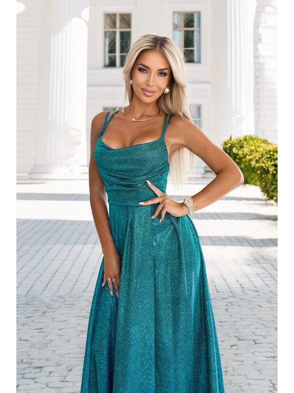 numoco Дълги рокли с нежен блясък и корсетно закопчаване отзад - зелени със сребристи елементи