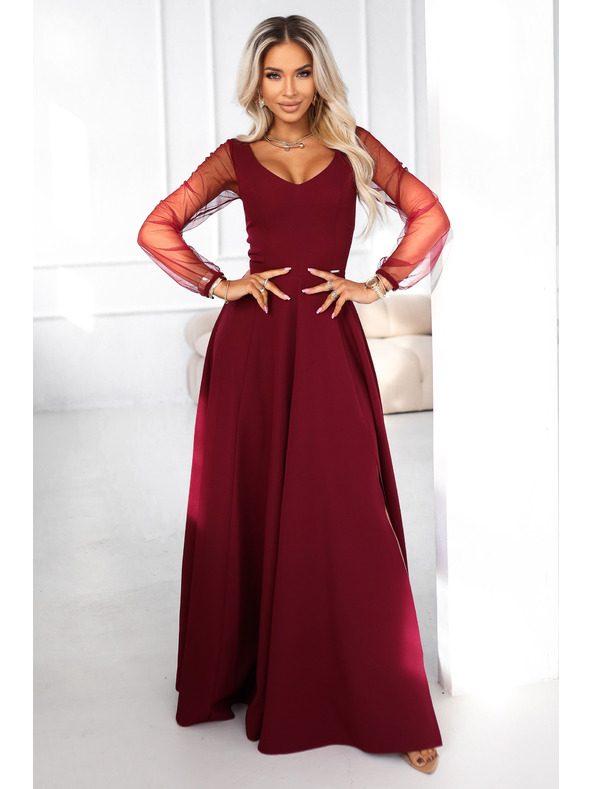 numoco LORETTA уникални дълги рокли с тюлени ръкави и деколте - бордо