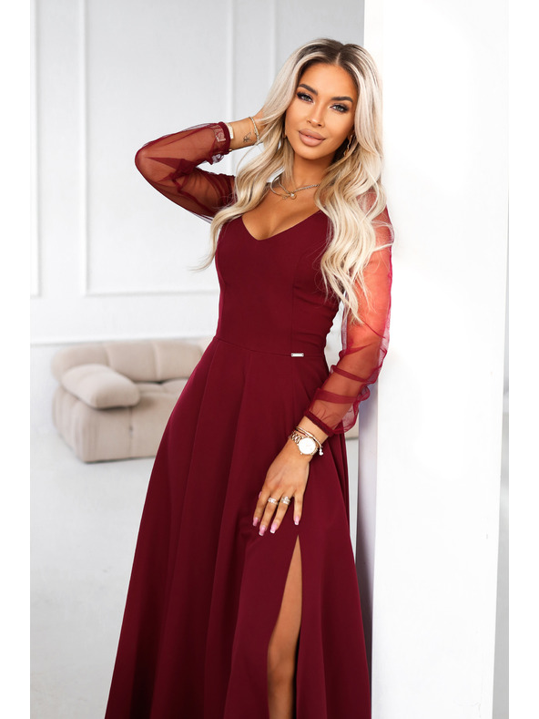 numoco LORETTA уникални дълги рокли с тюлени ръкави и деколте - бордо