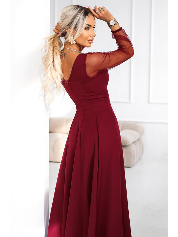 numoco LORETTA уникални дълги рокли с тюлени ръкави и деколте - бордо