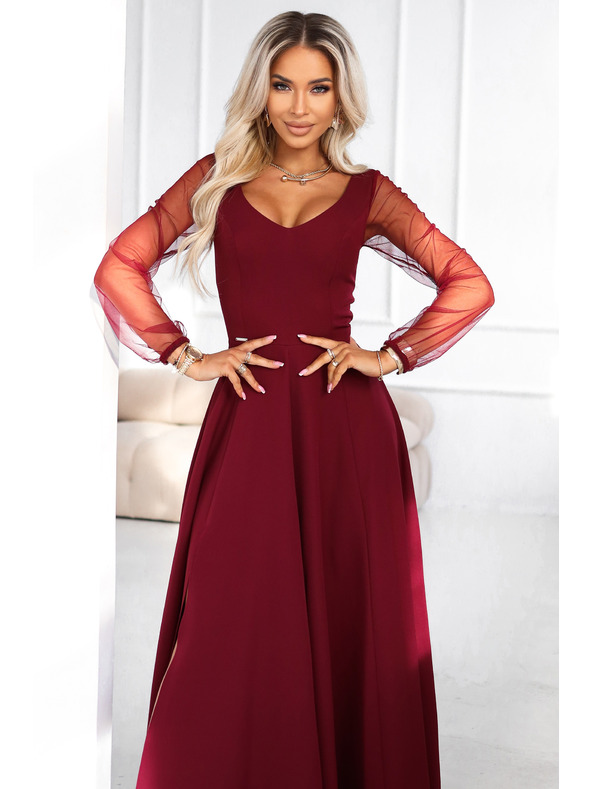 numoco LORETTA уникални дълги рокли с тюлени ръкави и деколте - бордо