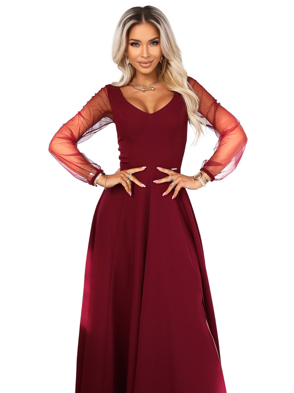 numoco LORETTA уникални дълги рокли с тюлени ръкави и деколте - бордо