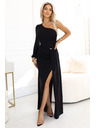 numoco Блестящи макси рокли с едно рамо, асиметрични ръкави и цепка - черни