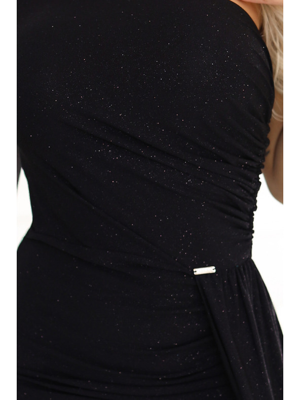 numoco Блестящи макси рокли с едно рамо, асиметрични ръкави и цепка - черни