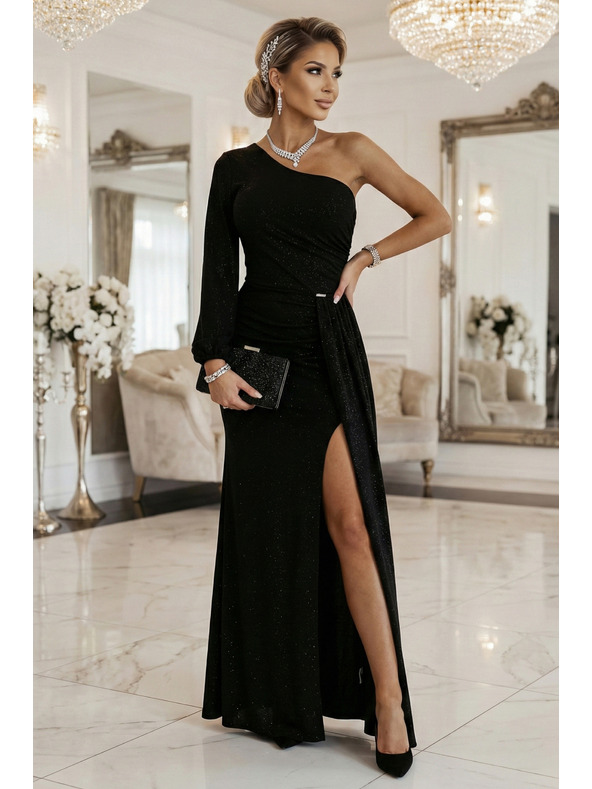 numoco Блестящи макси рокли с едно рамо, асиметрични ръкави и цепка - черни