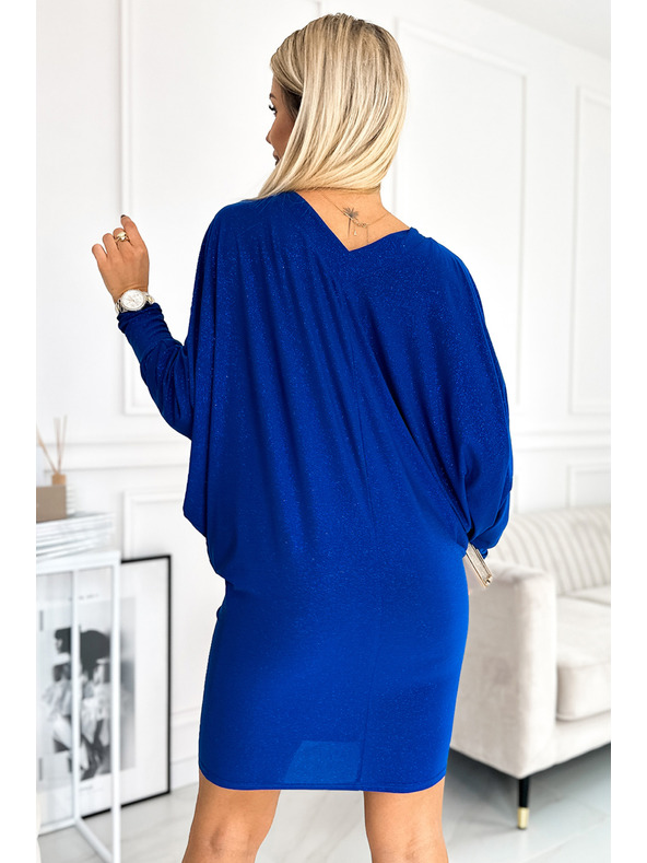 numoco Рокля с деколте тип прилеп - синя със сребристи елементи