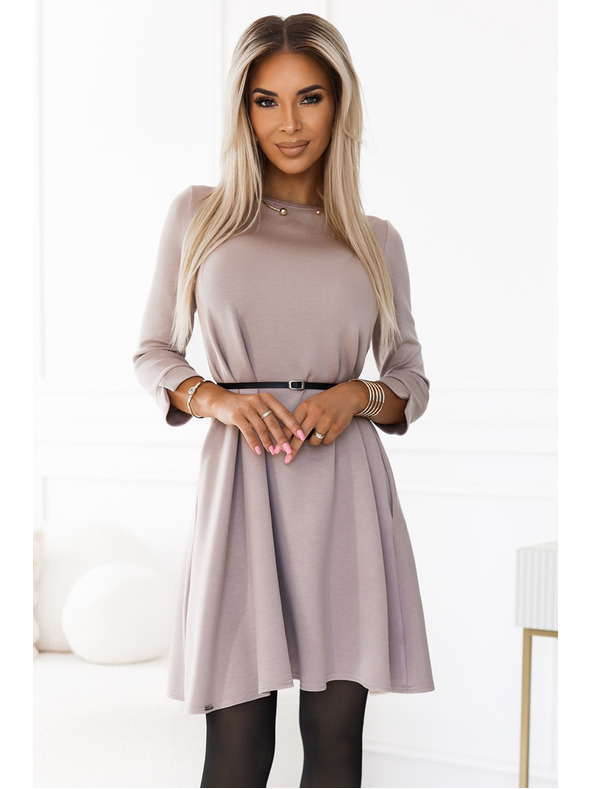 numoco Класически трапецовидни рокли с черен колан - бежови