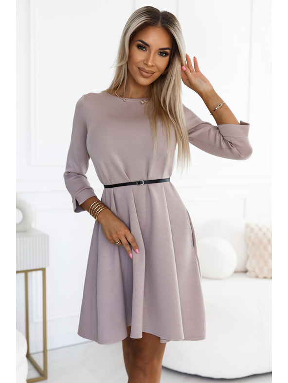 numoco Класически трапецовидни рокли с черен колан - бежови