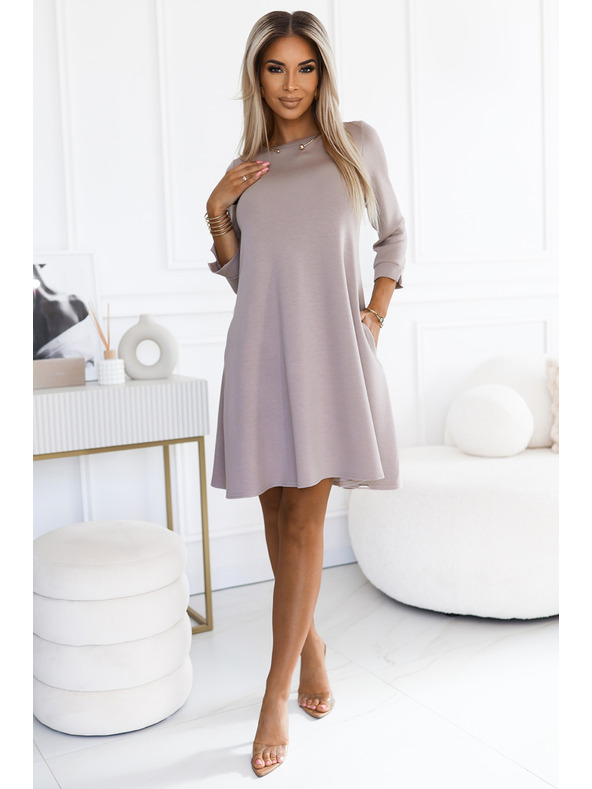 numoco Класически трапецовидни рокли с черен колан - бежови