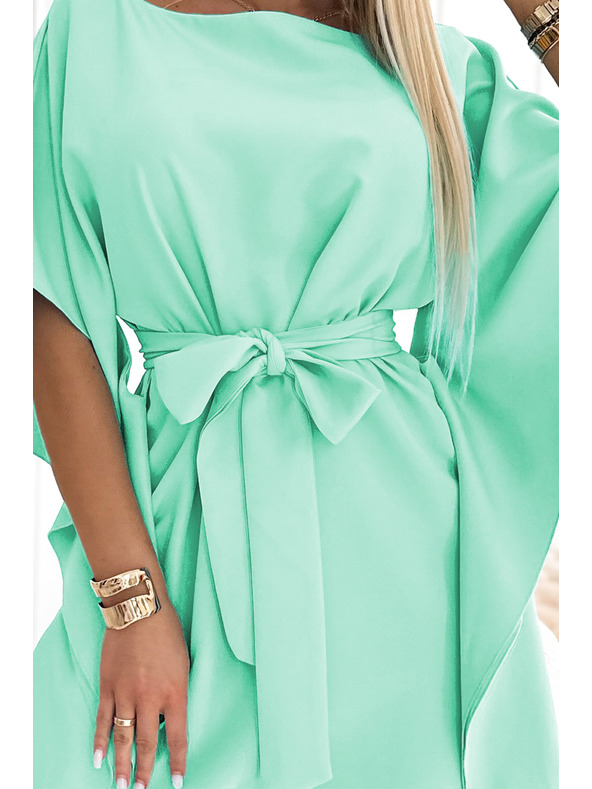 numoco SOFIA Дамски рокли с мотив пеперуда и панделка в талията - мента