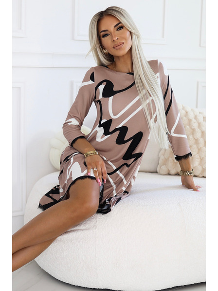 numoco Трапецовидни плетени рокли с дантела - бежови с черно-бял десен