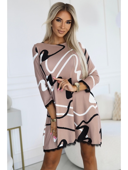 numoco Трапецовидни плетени рокли с дантела - бежови с черно-бял десен